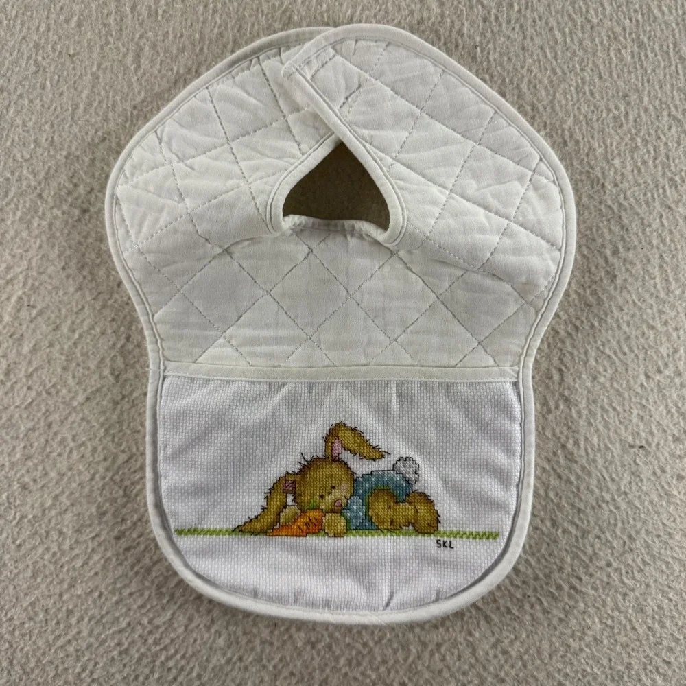 Handmade Quilted Baby Bib OS White Cross Stitch Bunny Carrot Vintage Baby Shower